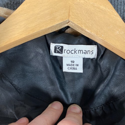 Rockmans Jacket Womens 10 Black Faux Leather Laser Biker Fleece Hood Hooded A7 - Picture 6 of 12