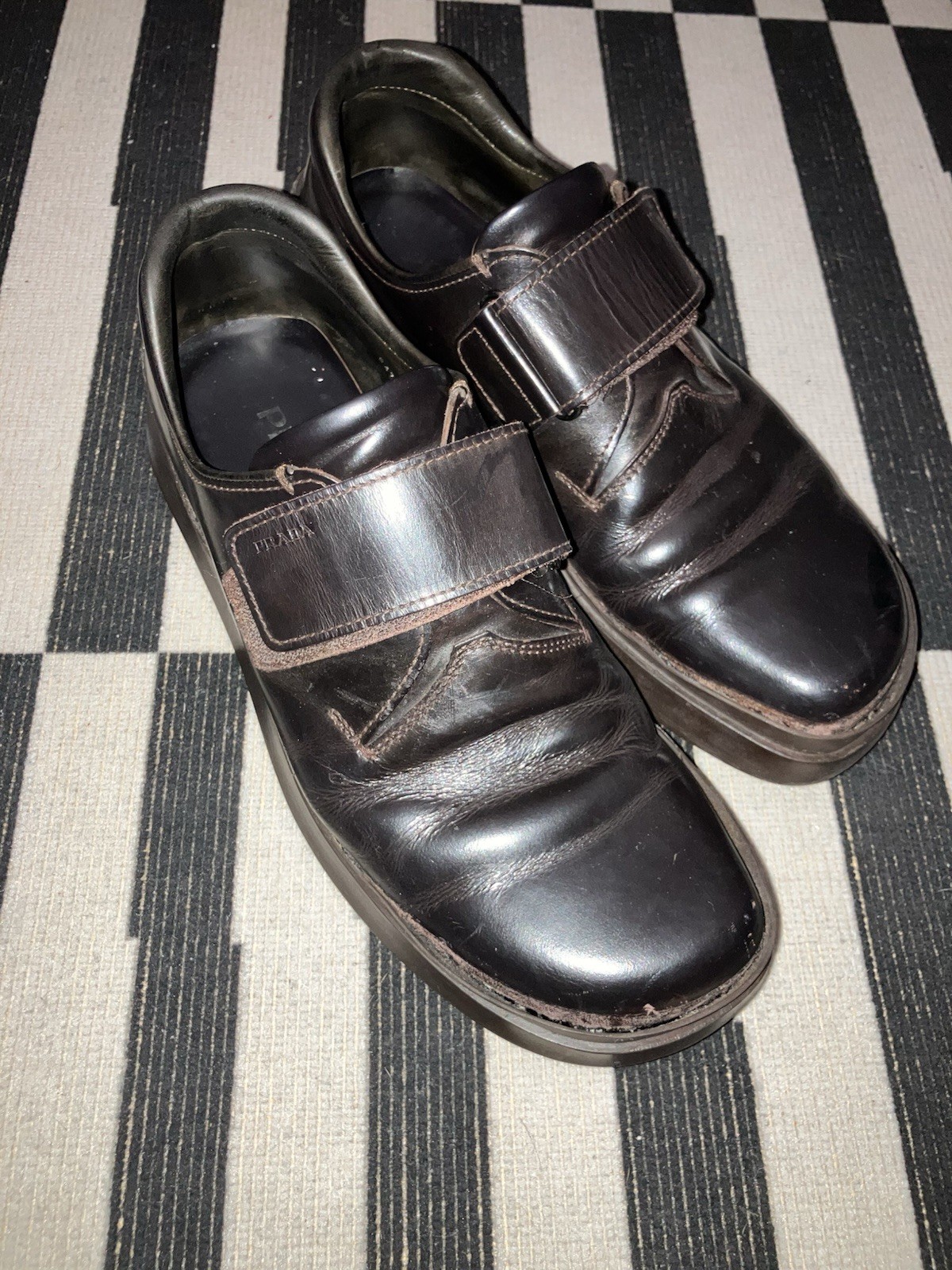 PRADA Brown Leather Hook & Loop Round Toe Men's C… - image 1