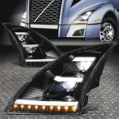[LED DRL+SEQUENTIAL SIGNAL] FOR 18-24 VOLVO VNL VNR TRUCKS HEADLIGHT LAMPS BLACK