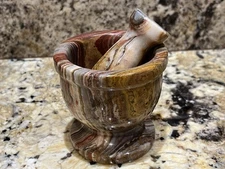 Vintage Onyx Mortar Pestle Grinder Set Green Tan & Brown Stone, Herbs Spices