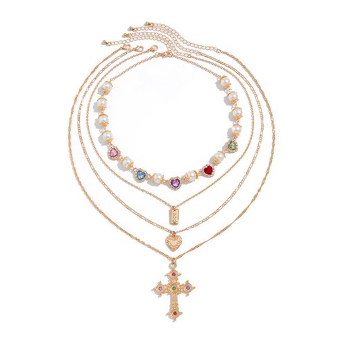 Multilayer Cross Pendant Necklace Rhinestone Sweater Chains Jewelry - Picture 4 of 7