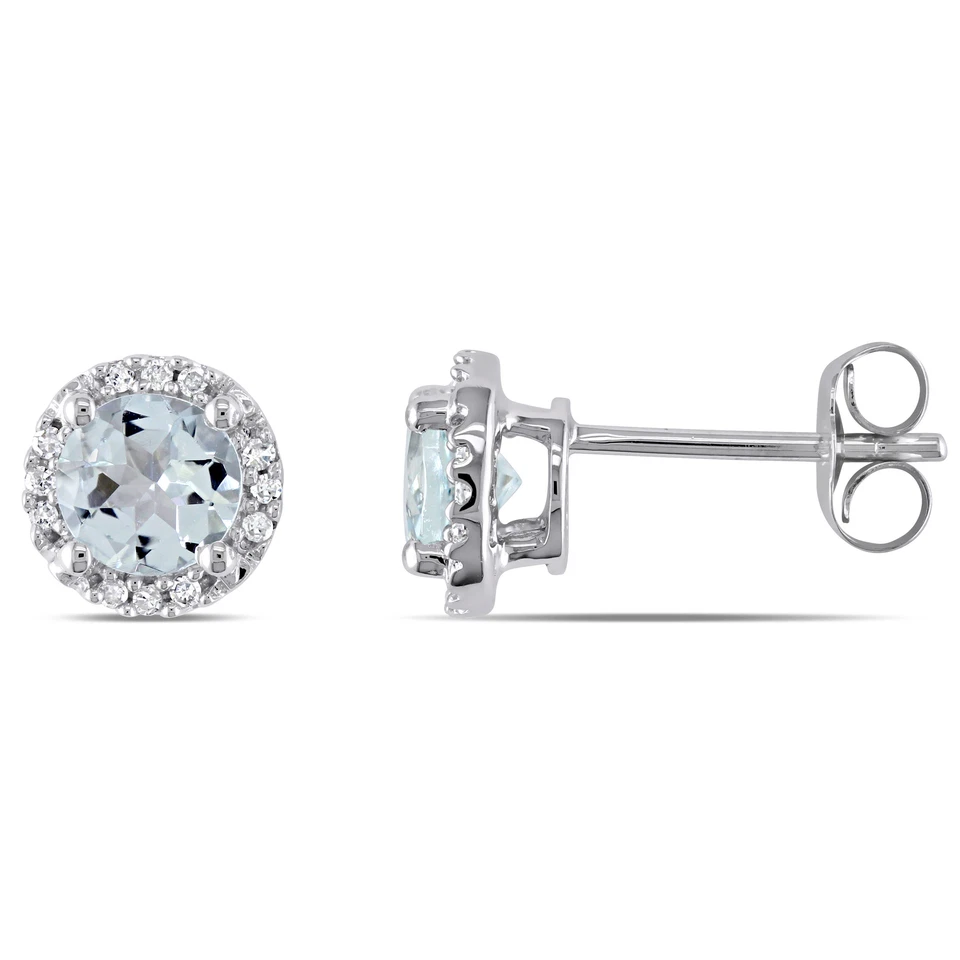 Amour 10k White Gold Aquamarine and Diamond Halo Earrings