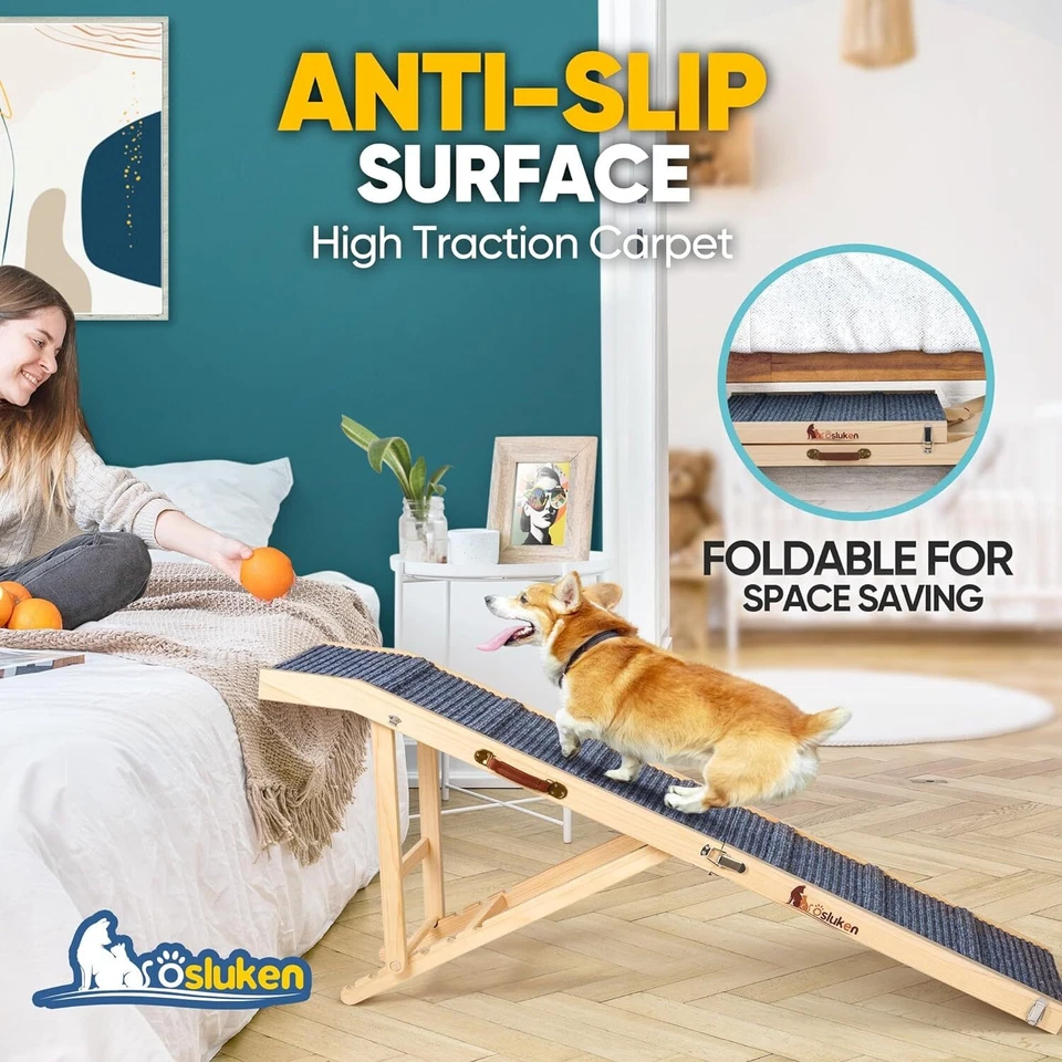 Rampa de cachorro para cama 64" longa dobrável rampa para animais de estimação pequeno grande cachorro gato até 220 lb - Imagem 4 de 4