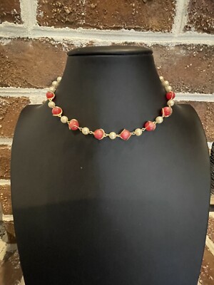 Vintage Pearl And Pink Created Bead Necklace With Gold Tone Metal - 1950s