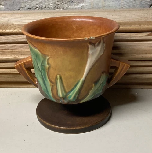 Vintage Roseville Art Pottery THORNAPPLE Brown Pedestal Planter Vase #809-5