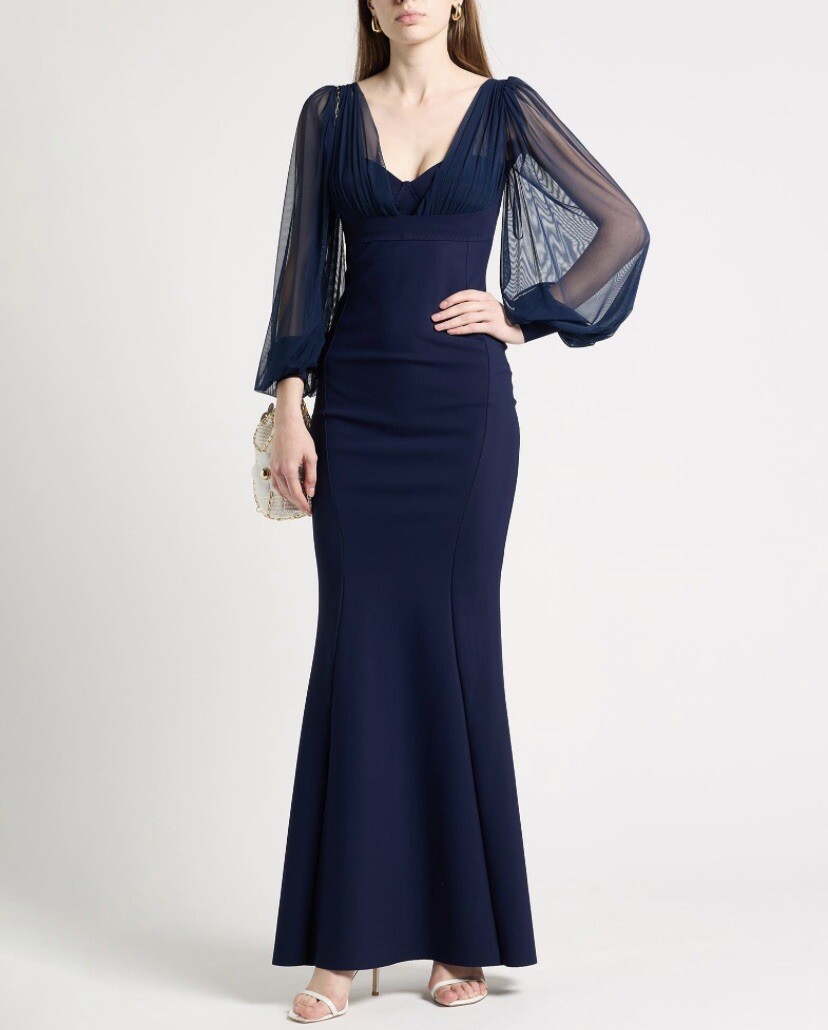 Chiara Boni NEW Perlita Sheer Sleeve Illusion Gown In Navy Size 46
