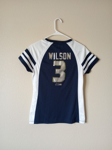 Seattle Seahawks Women’s Jersey Shirt Sz Small Russell Wilson #3 Glitter Navy - Picture 3 of 3