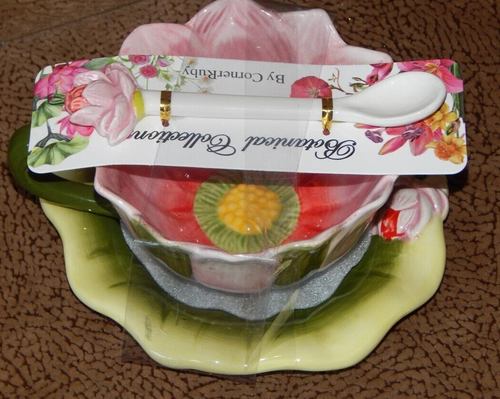 Corner Ruby Garden Collection Rose Flower Teacup Scalloped Saucer & Spoon NEW - Picture 2 of 9