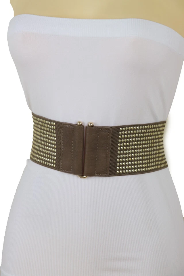 Women Brown Elastic Casual Day Wear Belt High Waist Hip Gold Metal Dots Size S M - Image 2 of 4