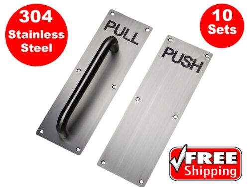 10 X DOOR HANDLE and PUSH PLATE COMMERCIAL PUSH PULL STAINLESS STEEL SET - Picture 1 of 7