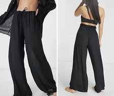 ASOS DESIGN-Tie Waist Palazzo Beach Pants-Women  s Size: US 0-Color: Black-NEW 