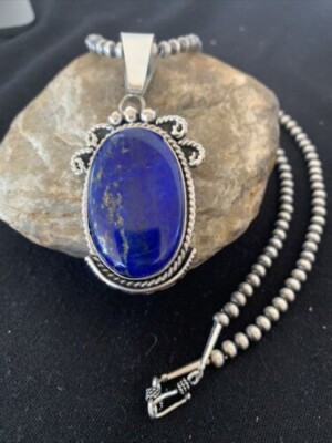 Native Mens Navajo Pearls Sterling Silver Blue Lapis Necklace Pendant 01538
