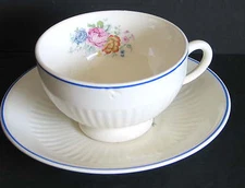 Ribbed Blue Accents and Pink Roses vintage Tea Cup and Saucer  FREE SH