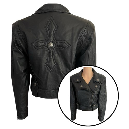 BEYOND Leder Motorrad Jacke Cropped Schwarz Cross Biker Moto Jacke - Größe S