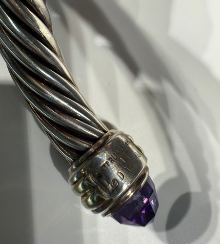 David Yurman 925 Silver Cable Cuff Amethyst Bangle Bracelet 14K Yellow Gold 10mm - Picture 4 of 4