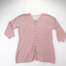 Soho Sweatr Womens Large Pink Open Back 3/4 Sleeve Knit Lace Up
