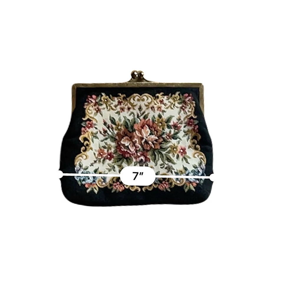 Bolso sin asas vintage 1950 WALBORG tapiz de punta de aguja bolso broche de beso con cadena Foto 4 de 4