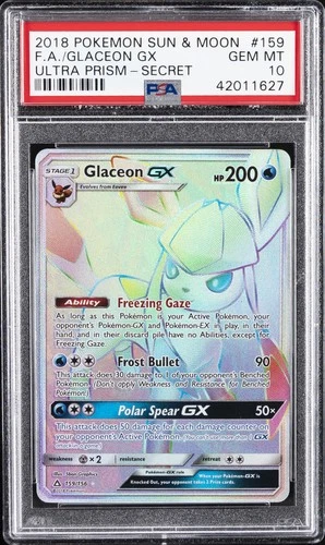 2018 POKEMON SUN & MOON ULTRA PRISM SECRET #159 FULL ART/GLACEON GX PSA 10