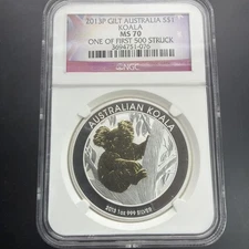 2013 ( 2013-P ) $1 S$1 AUSTRALIA GILDED GILT KOALA 1 Oz. SILVER NGC MS70