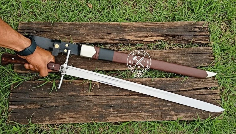 Выкованный вручную средневековый меч-мессер | лезвие из углеродистой стали с кожаными ножнами - Изображение 3 из 4