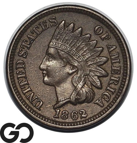 1862 Indian Head Cent Penny, Choice AU++ Better Date