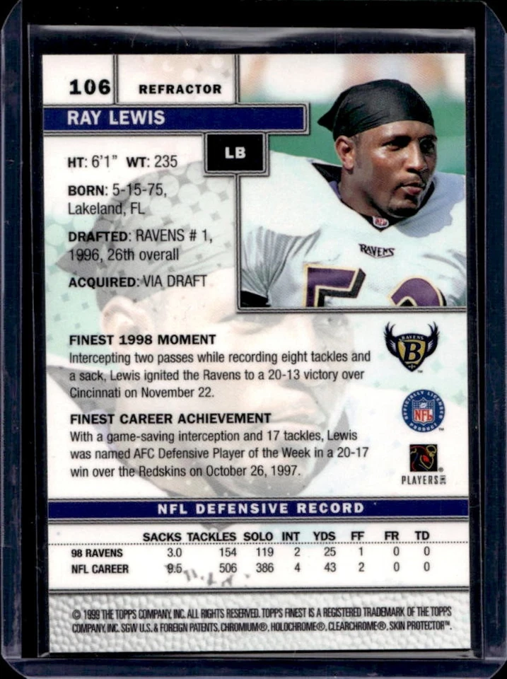 1999 Finest Ray Lewis Refractor #106 Ravens - Image 2 of 2