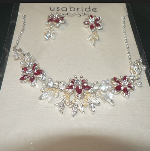 USA Bride Womens Rhinestone Pearls Necklace & Earring Set Red Silver White