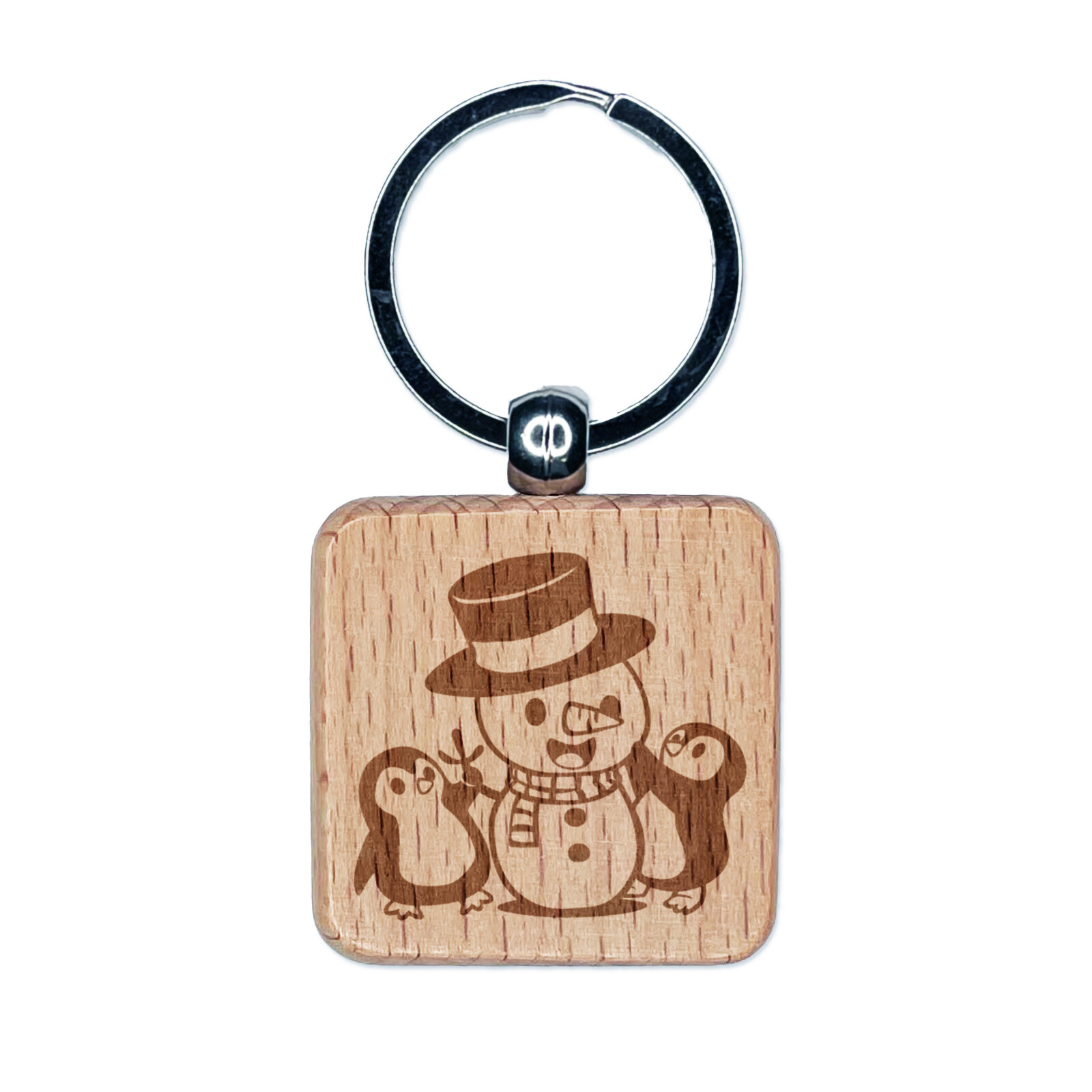 Christmas Penguins Building Snowman Engraved Wood Square Keychain Tag Charm
