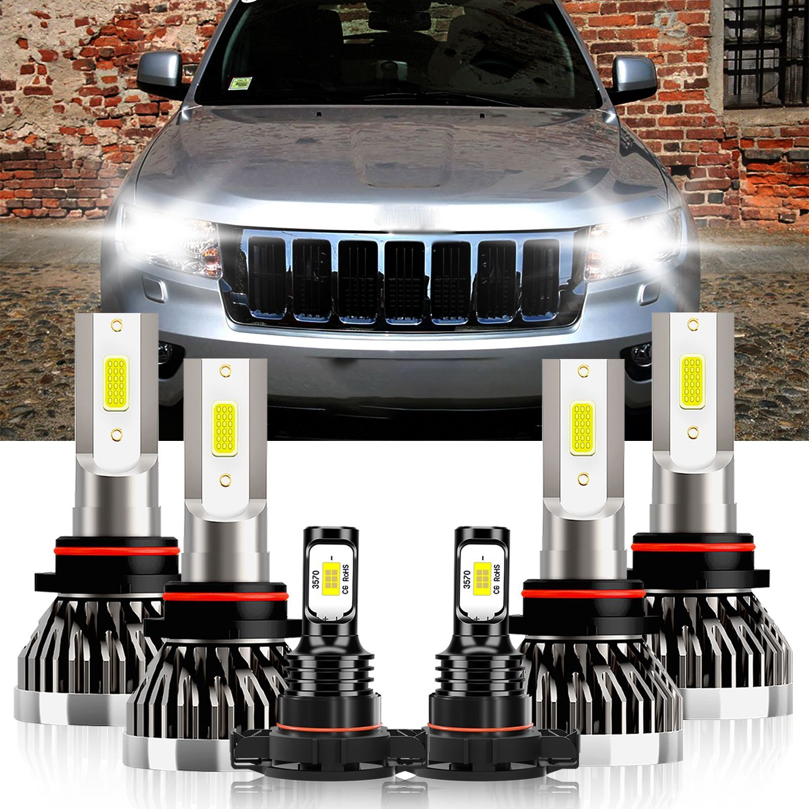 2016-2019 Jeep Cherokee 6x LED Headlight & Fog Light Bulb Combo 9005 5202