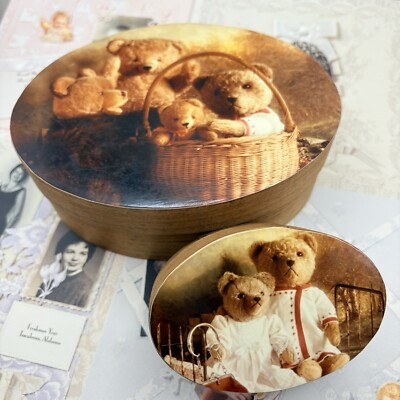 Charming Vintage Imago Pixula Wooden Box Set of 2 Handcrafted Teddy Bear Design