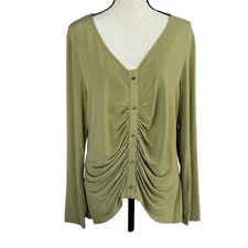 INC X-Large Top Ruched V-Neck Long Sleeve Stretch Hi-Low Hem Button Accent Green