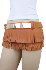 Women Brown Wrap Around Skirt Tie Fringes Cut Out Sexy Belt Gold Metal Size S M