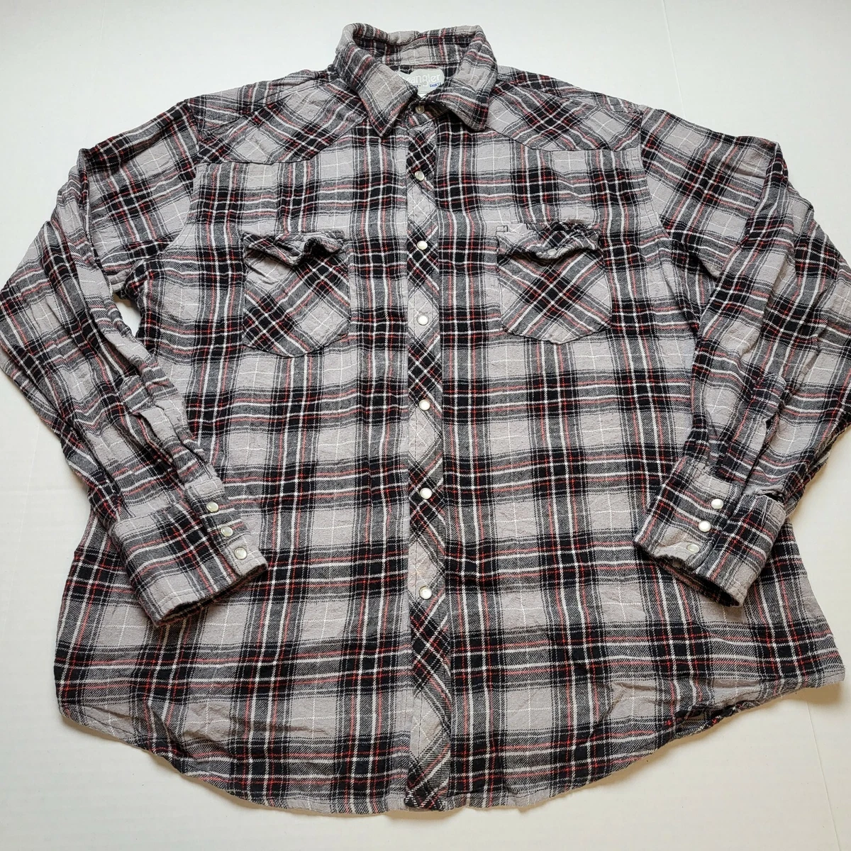 Wrangler Wrancher Flannel Shirt Mens XL Pearl Snap Gray Plaid