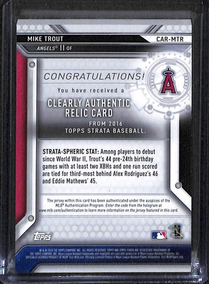 2016 Topps Strata Clearly Authentic Patch Card #CAR-MTR Mike Trout