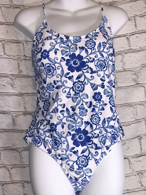One Piece Blue White Floral Tie Back Swimsuit XL Tassel Never Worn