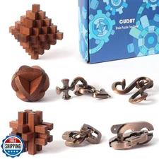 CUDNY 7 Pieces Unlock Interlock Brain Teaser Games Retro Wooden a