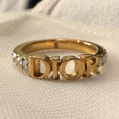 Dior Signed Gold Tone Logo Band Ring w/ Crystal Accents Size S Box Bag
