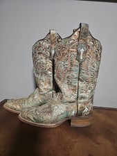 Corral Boots Square Toe Womens Sz 8 M Bronze/Turquoise Glitter Inlay Style A2955