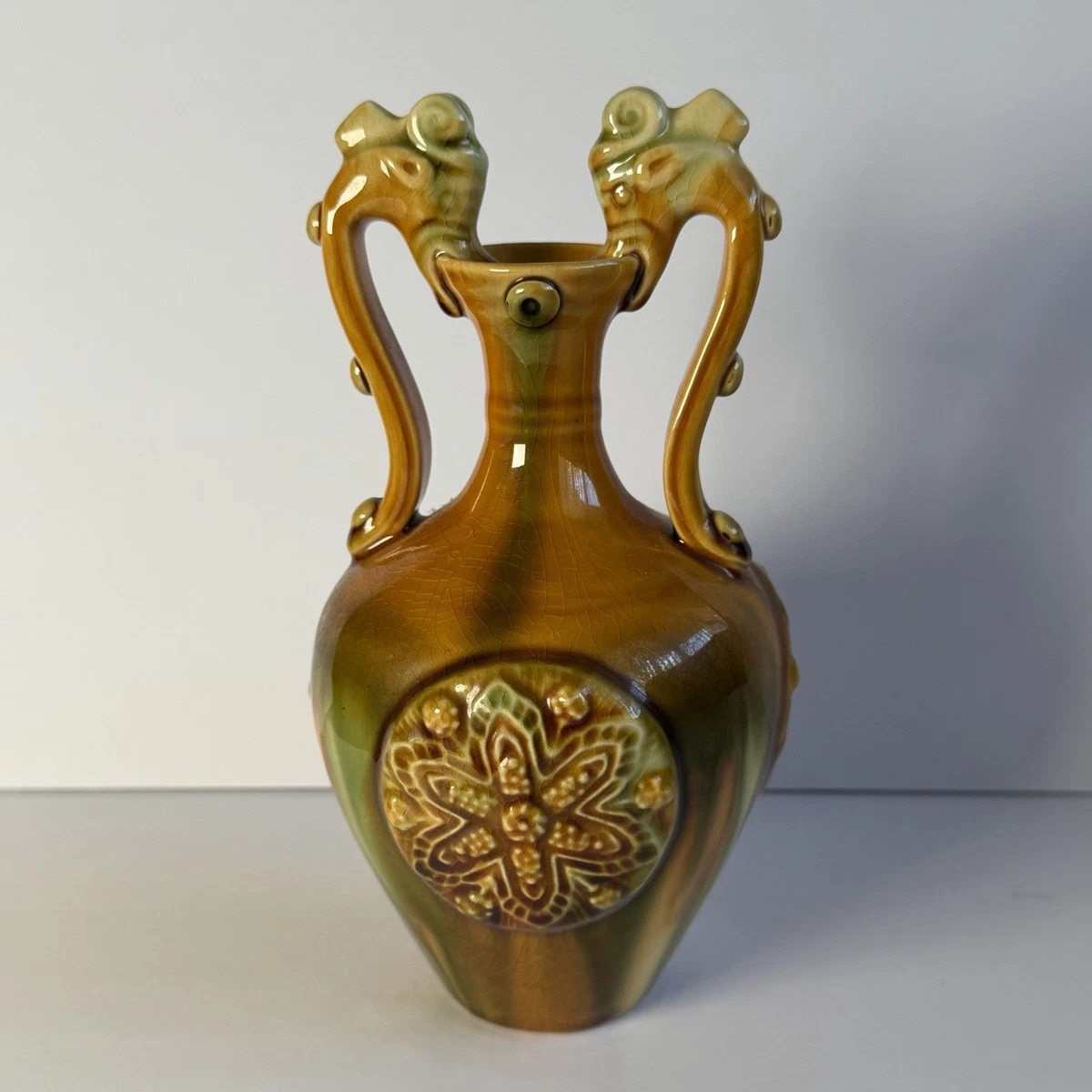 1910's Antique German Nouveau Majolica Urb Dragon Handles Vase 7.5”