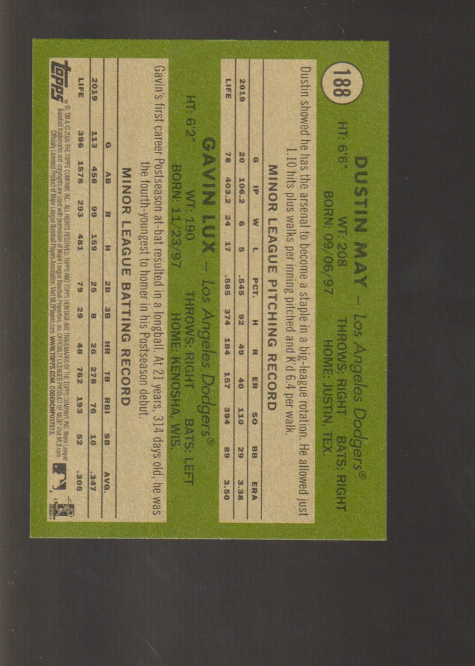 2020 TOPPS HERITAGE GAVIN LUX / DUSTIN MAY ROOKIE # 188 - Image 2 of 2