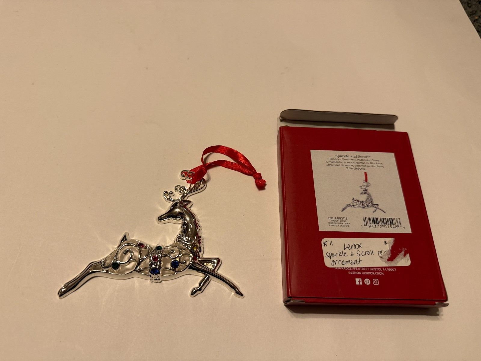 Lenox Sparkle and Scroll Christmas Tree. Reindeer Ornament Clear Gems