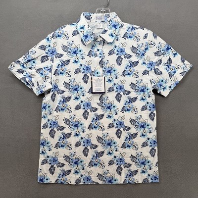 Leon Levin Polo Shirt Women's Medium Blue Floral Preppy Short Sleeve Blouse