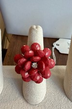 Floral Red Orange Stretchy Ring, Gold Tone