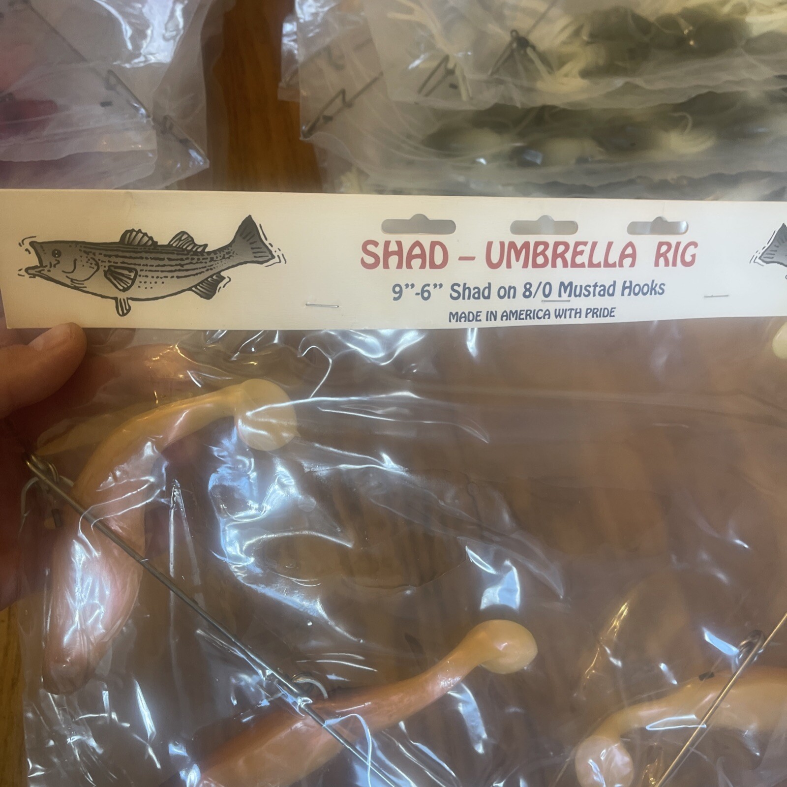 9” Umbrella Rig 4 Arm 11” With 6” Shad (9)  Pearl Black Head  8/0 Mustad New Pkg - Image 2