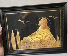 Picture Vintage Jesus Christ Praying Framed  Marquetry Picture 11 X 14