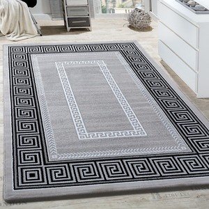 Modern Silver Grey Rug Black Border Greek Ornament Room Carpet