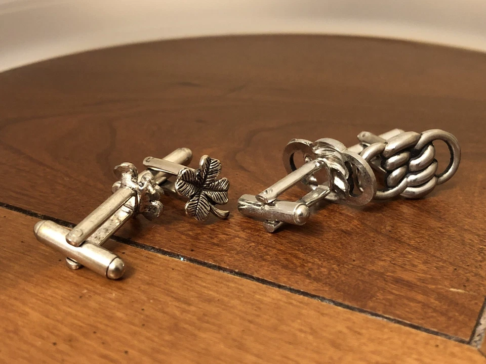 Four Leaf Clover Shamrock Irish Pair Cufflinks Knot Rope Cuff Links Pair Pewter - Image 2 of 2
