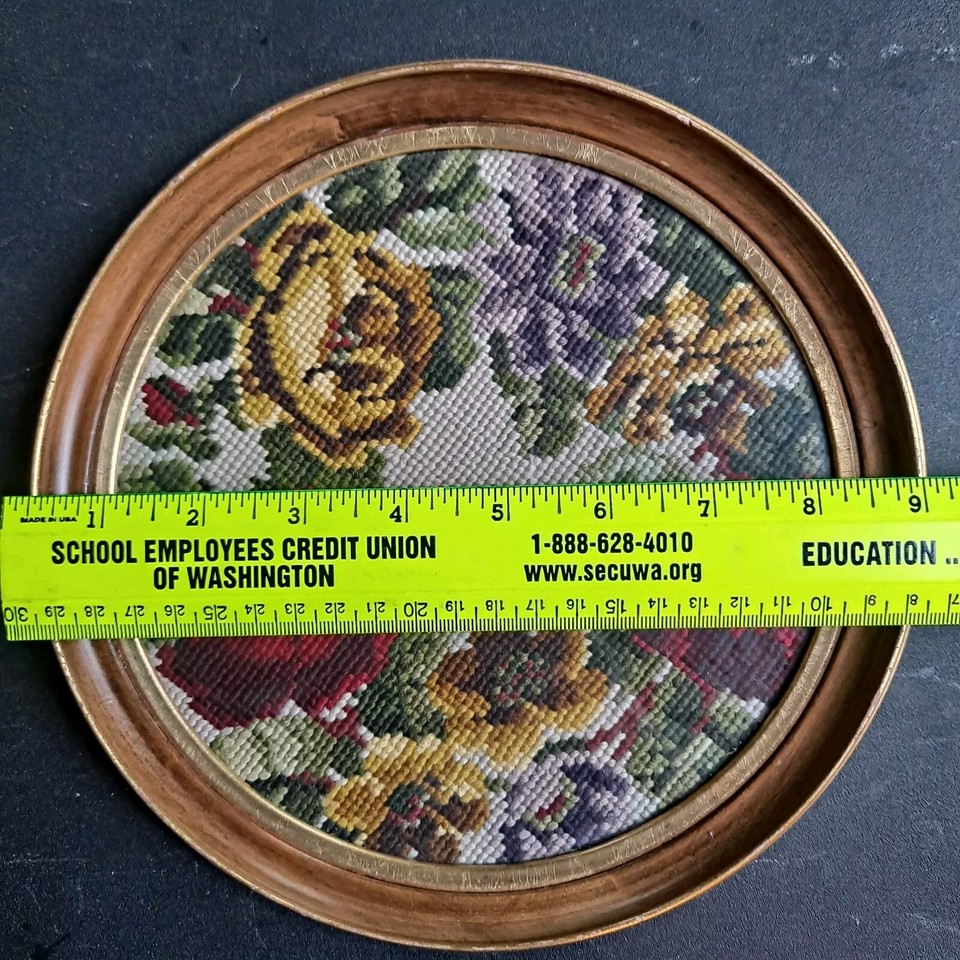 Vintage Needlepoint Art Rose Floral Round 9" Gold Frame Gallery Decor