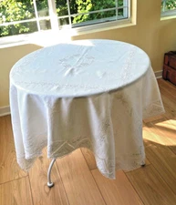 Vtg Linen Tablecloth Unique Inset Design White Embroidery On White 52”sq EPO
