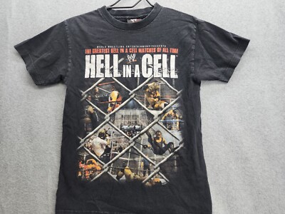 Vintage WWE Hell In A Cell T-Shirt Size Small Black Faded Graphic Y2K
